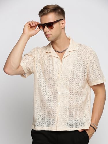 Image of SHOWOFFFF Men Solid Crochet Casual Shirt | Cuban Collar Half Sleeves Cotton Shirt for Mens | Relaxed Fit Regular Length Shirt for Men's