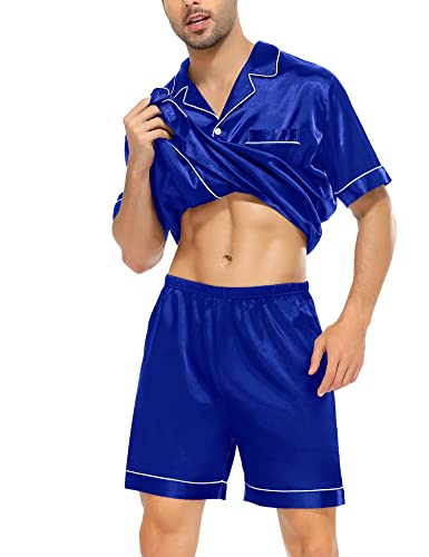 Image of SWOMOG Men Satin Silk Pajamas Sets Short Sleeve Sleepwear Button-Down PJs Sets Two-Pieces Loungewear with Pockets