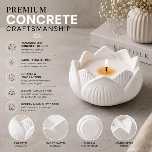 Image of FairyBucket Lotus Scented Candle with Reusable Concrete Tea Light Holder | Vanilla Fragrance Soy Wax Candle | Handcrafted White Lotus Candles for Home Decor, Bedroom, Living Room & Gifting
