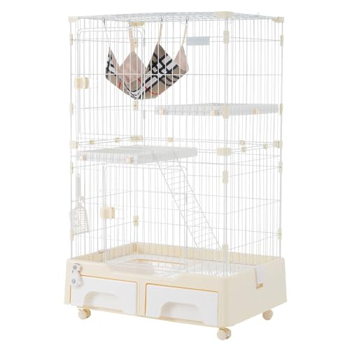 猫 ケージ キャットケージ 2段 猫トイレ付 キャスター付 ハンモック付 猫ゲージ おしゃれ キャットハウス ネコ ハウス 多段 留守番 保護 脱走防止 多頭飼い 多頭 スチール ペットケージ 【クリームイエロー】