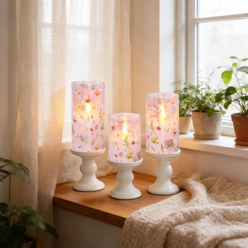 Image of Pink Flameless Candles with Remote Timer, Glass Battery Operated Candles, Pink Flower Decals LED Candles for Home Party Wedding Mother's Day Thanksgiving Decor Set of 3