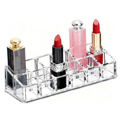 Image of Clear Acrylic Lipstick Lip Gloss Organizer 12 Slots Cosmetic Display Holder for Nail Polish Essential Oil