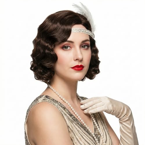 R REEWES FASHION HAIR Long 1920s Vintage Wig Brown(Middle length) Curly Synthetic Fiber Heat Resistant WIG Wigs/Vintage
