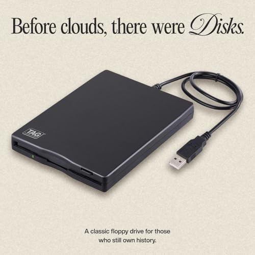 Image of TAG Floppy Disk Reader Drive, 3.5 Inch USB External Floppy Disk Drive 3 1 /2 Floppy Disc Reader for Mac Windows PC Laptop Desktop, Plug and Play, Black