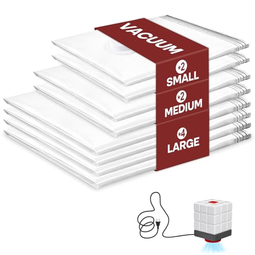 Vacbird Sacchetti Sottovuoto Vestiti con Pompa Elettrica, Confezione da 8 (4 grandi, 2 medi, 2 piccoli), Riutilizzabile Buste Sottovuoto Vestiti per Biancheria da letto, Viaggi, Traslochi