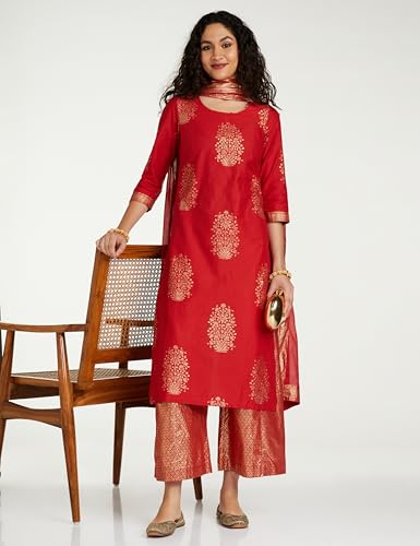 Image of BIBA Women Straight Cotton Straight Kurta Palazzo Suit Set