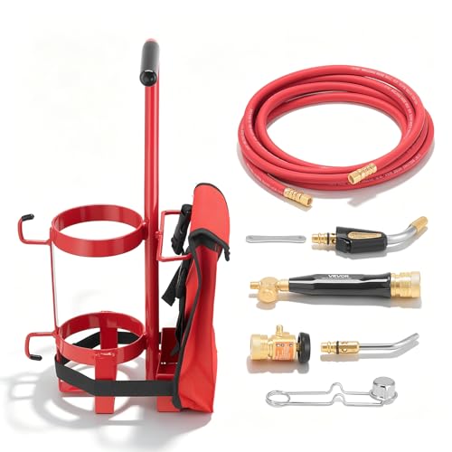 Image of VEVOR Air Acetylene Torch Kit, Acetylene Gas Welding Tool with 11.8FT Rubber Hose, Self-Lighting Welding Tip & CGA200 Regulator, Swirl Frame Brazing Torch Kit with Cylinder Stand for Metalworking