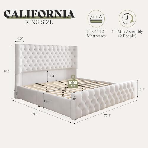 Image of AMERLIFE California King Upholstered Bed Wingback Headboard, Cream Velvet