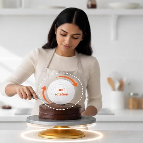 Image of LUXART 12 Inch Cake Turntable Stand | 360 Smooth Rotating Cake Rotator | Food-Grade BPA-Free Cake Decorating Stand | Anti-Slip Base | Silver Top with Golden Bottom | Baking Tool for Home & Kitchen
