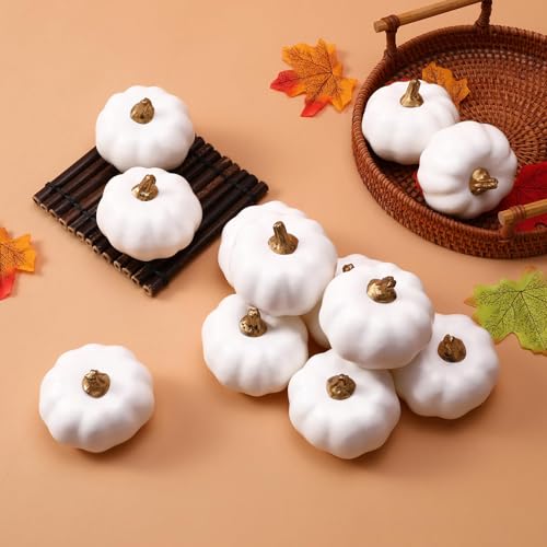 12 Stück Halloween-Simulationskürbis, Mini Weiß Kürbisse Zierkürbisse Herbstdeko, Künstliche Mini Kürbis, Dekokürbisse für Halloweendeko und Herbstdeko, Thanksgiving Tisch Dekorieren für Weiß