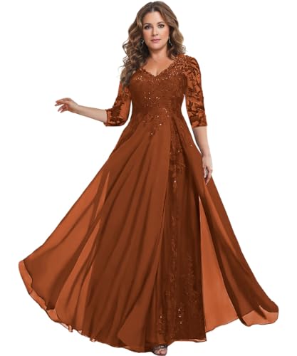 Image of HANVAIOS Sparkly Mother of The Bride Dresses for Women Long Chiffon 3 /4 Sleeve Lace Appliques Formal Gown