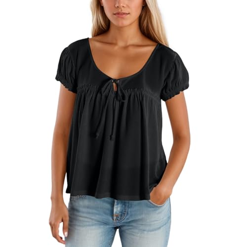 DUHENWU Damen Sommer Babydoll Tops Puffärmel T-Shirts Casual Loose Fit Oberteile Mit Rüschen Und Schnürung Vorne Kurzärmelig Bluse Tops Für Frauen Lässige Basic Tunika Einfarbig Sommertops