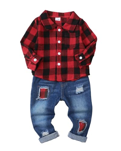 NZRVAWS Toddler Boys Clothes Long Sleeve Red Plaid Pocket Shirt Denim Ripped Jean Long Pants Little Boy Fall Winter Outfits Set 4-5T