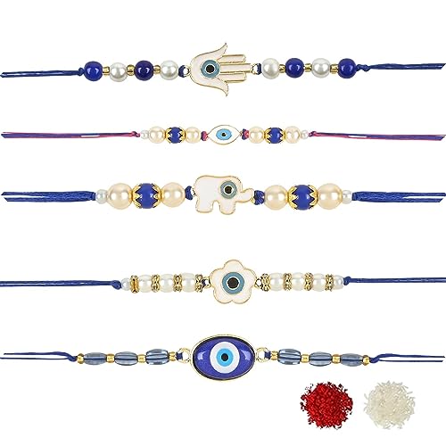 Image of I Jewels Enamel Evil Eye Combo Rakhi Set of 5 with Roli Chawal & Rakshabandha Card For Brother /Bhai /Bro /Men /Kids /Boys (RE-CO) (Pack of 5)
