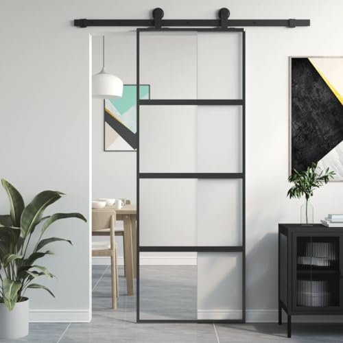 vidaXL Porte Coulissante, Porte de Grange, Porte Intérieur, Porte de Chambre à Coucher Cuisine Entrée, Noir 76x205 cm Verre Trempé Aluminium