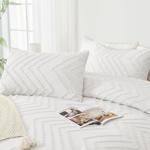 Image of Andency White Oversized Super King Plus Comforter Set 128x120, Extra Large King Size Comforter Oversize Boho Soft Warm Bedding Comforter Sets, 3 Pieces Aesthetic Chevron Textured Bedding