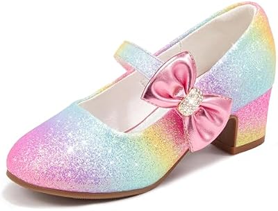 LAURMOSA Girls Dress Shoes Size 12 – Rainbow Princess High Heel Mary Janes with Bow & Sparkle, Fancy...