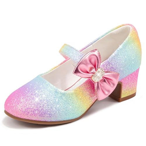 LAURMOSA Girls Dress Shoes Size 12 – Rainbow Princess High Heel Mary Janes with Bow & Sparkle, Fancy Chunky Pumps for Weddings & Parties