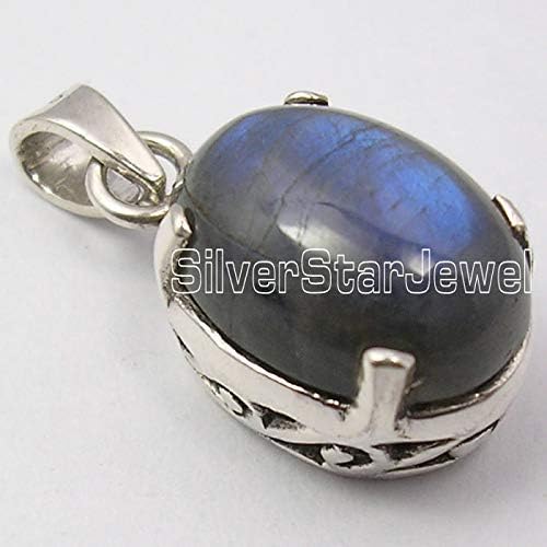 Natural Oval 12 x 16 mm Labradorite Prong Setting Pendant 1" 925 Solid Silver