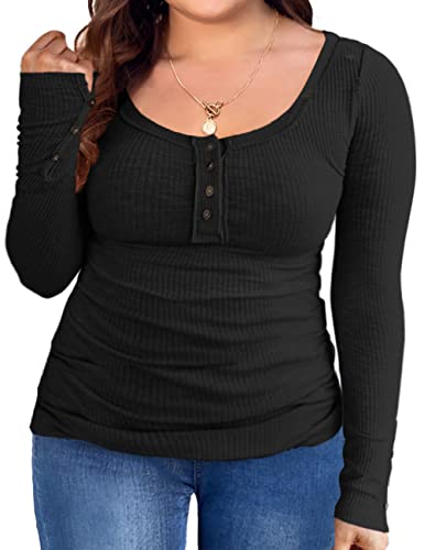 Women’s Plus Size Henley T Shirts Long Sleeve Button Down Tunic Blouse Loose Fit Tops Scoop Neck Ribbed Knit Shirts