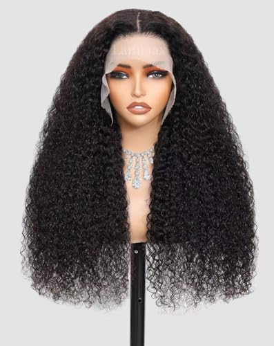 Lannaax 250 Density Curly Wig Human Hair With Drawstring Deep Wave Lace Front Wigs Human Hair Pre Plucked Virgin Remy Hair 5x Longer Lifespan 13x6 HD Lace Frontal Wigs Natural Black 20 Inch