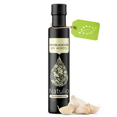Natulio Bio Knoblauchöl kaltgepresst 250ml intensives Knoblaucharoma - aus Bio Rapsöl & Bio Knoblauch - ideal zum Würzen Marinieren & Verfeinern - zertifiziert nach DE-ÖKO-006