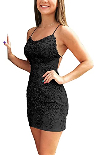 Miao Duo Black Homecoming Dress Short Lace Prom Gowns for Women Tight Backless Party Dresses Black 04