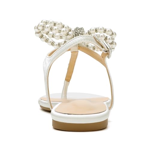 Women T-Strap Thong Sandals with Pearl Roman Style Flats with Bow,Bohemian Casual Beach Slingback Flat Sandals2
