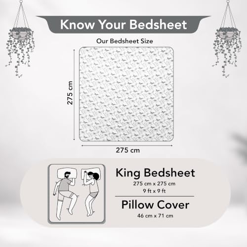 Image of Divine Casa Cotton King Size Bedsheet 275 x 275 cm | 210 TC Soft Breathable Pigment Twill Satin Bed Sheet with 2 Pillow Covers | Floral Printed Luxury Bedding Set | White & Grey