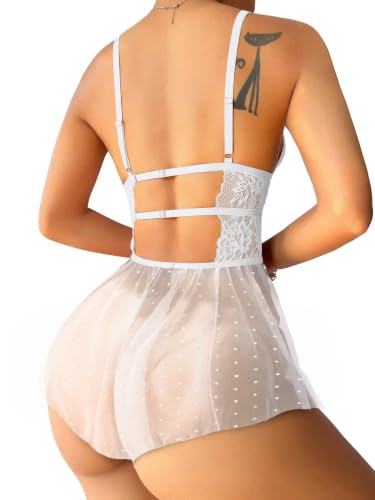 Image of Lilosy Sexy Bows Floral Lace Mesh Babydoll Lingerie Romper
