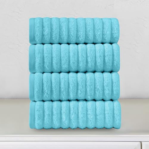 Image of Elegant Comfort Luxury 100% Turkish Cotton Corduroy Ribbed 4 Pack Hand Towel Set 16 x 28 Inch - Absorbent, Super Soft, Quick Dry, Premium Towels for Bathroom, Gym, Spa and Hotel Use, Aqua