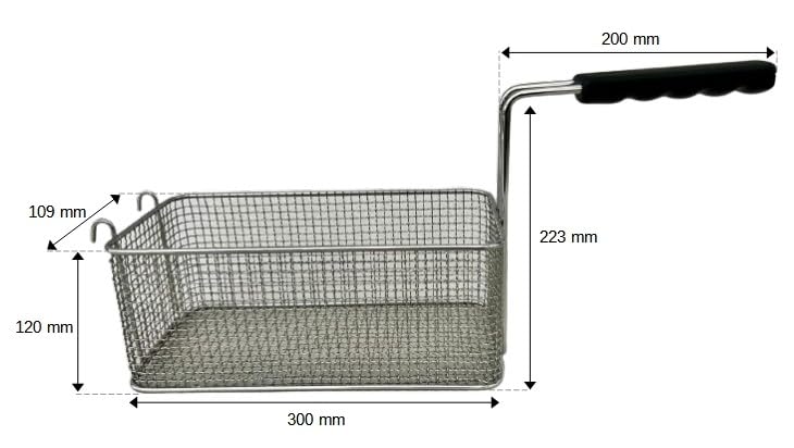FCR0254 – Cesta para freidora profesional con ganchos. Medidas: 109 x 300 x 120 mm. De acero cromado. Fabricado en Italia. Cesta para freidora de acero. Código: FCR0254