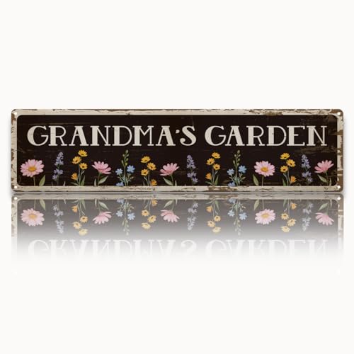 Metal Grandma Sign, Rustic Farmhouse Floral Vintage Tin Plaque, Mothers Day Gift for Grandma, Grandmas Garden Wall Sign for Outdoor Fence Patio Porch Yard Hanging Signs, 15.7 x 3.9 Inch