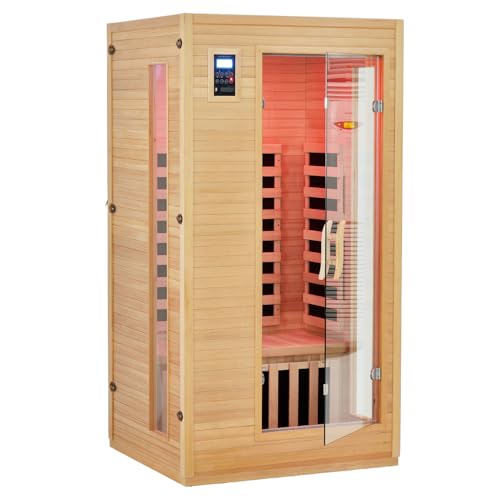 1 Person Sauna, Low EMF 6 Heating Plate Infrared Physical Therapy Wooden Dry Steam Sauna with MP3 Auxiliary Connection, Dual Controls, Iron Shirt Wall Plate, Home Spa Day Use, Winter Gift
