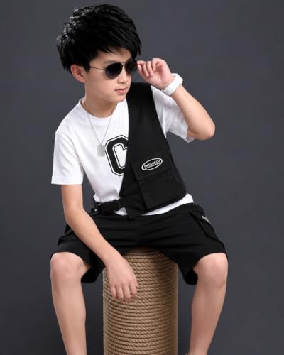 Image of Kids Boys 3-Piece Outfit Set | Half Sleeve T-Shirt, Utility Vest & Cargo Shorts with Cap | Stylish Casual Summer Clothing Set for Boys