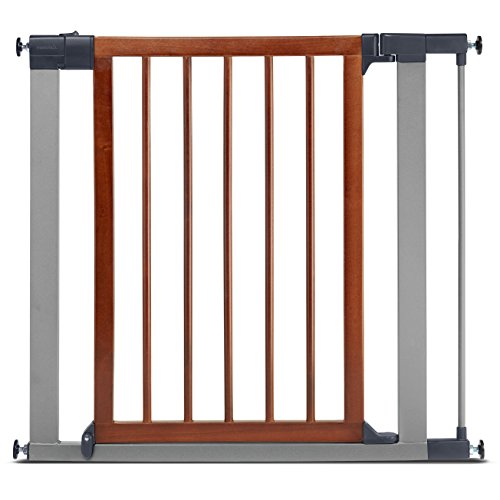 Munchkin Wood & Steel Pressure Mounted Baby Gate for Stairs, Hallways and Doors, Walk Through with Door, Wood/Light Silver Metal