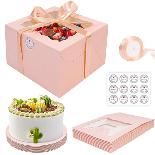 KOMABLEN 10 Pack Cajas para Tartas, 20,3 x 20,3 x 12,7 cm Caja Tarta con Cuerda y Cinta, Porta Tartas con Cinta y 10 Bandeja Redondas (8x8x5 inch)