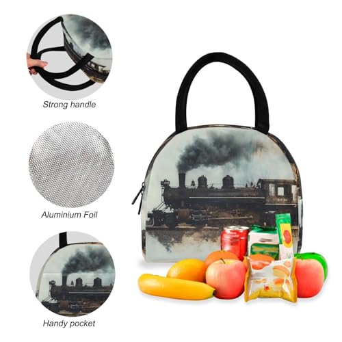 Vintage Train Print Backpack Set with Lunch Bag, Large Capacity Travel Backpacks and Lunch Box Insulated for Commute Hiking Picnic4