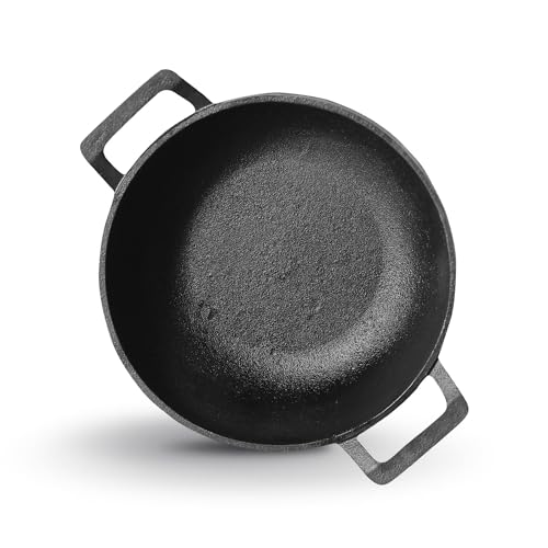 Image of Kichera Pre Seasoned Cast Iron Kadai with 2 Loop Handles 9 Inch / 23cm Heavy Duty Deep Kadhai Safe On Stovetop Induction Cooktop & Oven | 2.5LTR / 3.2KG |Naturally Nonstick Wok Pure & Toxin-Free