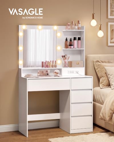 Image of VASAGLE 31.5-Inch Vanity Desk with Mirror and Lights, Power Outlets