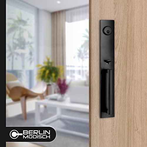 Image of Berlin Modisch Full Escutcheon HandleSet Front Door Entry Handle and Deadbolt Lock Set Slim Square Single Cylinder Deadbolt and Lever Heavy Duty - Iron Black Finish