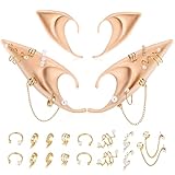 FRESHME Elf Ears with Piercings Earring Cuffs Set - Cosplay Fairy Pixie Ears with Pearl Earrings Chain Set, Non-Piercing Cartilage Ear Clip for Christmas Renaissance Halloween Custome Photoshoot