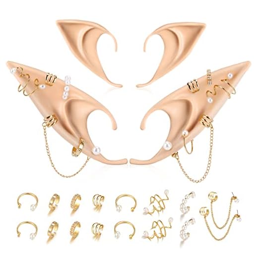FRESHME Elf Ears with Piercings Earring Cuffs Set - Cosplay Fairy Pixie Ears with Pearl Earrings Chain Set, Non-Piercing Cartilage Ear Clip for Halloween Renaissance Photoshoot
