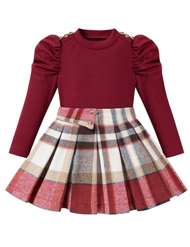 Image of Fuermos Toddler Girl Clothes Puff Sleeve Top and Pleated Girls Plaid Skirt Set 2PCS Girls Outfits Fall Winter