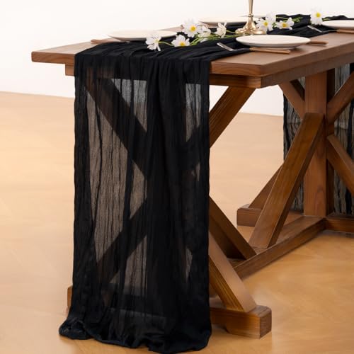 Image of Socomi 10pcs Black Cheesecloth Table Runner Boho Rustic Gauze Summer 120 inch 10FT Cheese Cloth Sheer Runner for Wedding Party Baby Shower Birthday Home Decor Holiday Decorations