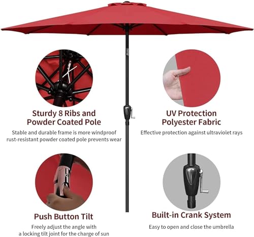 Simple Deluxe 9ft Outdoor Market Table Patio Umbrella with Button Tilt, Crank and 8 Sturdy Ribs for Garden, Deck, Lawn, Backyard & Pool, Red image 3
