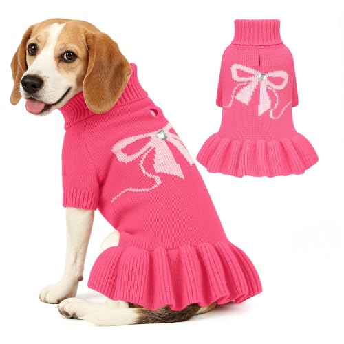 Image of YUDODO Bowknot Dog Sweater Dress for Small Dogs Girl, Stretchy Pet Clothes