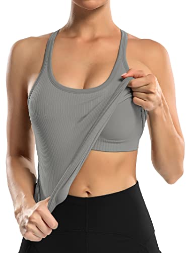 Image of ATTRACO Ribflex Ribbed Workout Tank Tops for Women with Built in Bra Racerback Scoop Neck Athletic Top