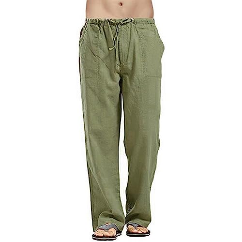 Mens Cotton Linen Pants Straight Casual Elastic Waist Drawstring Lightweight Baggy Pants Beach Yoga Vacation Trousers
