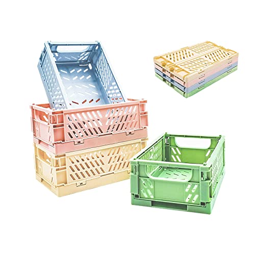 Tianlong 4pcs Mini Foldable Desk Crates Storage Box, Plastic Stackable Table Basket Organizer, Mini Storage Baskets, for Office Kitchen Bathroom(5.9 x 3.8 x 2.2 inch)